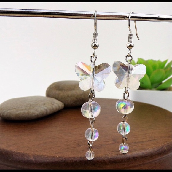 Jewelry - Sparkling Iridescent Butterfly Beaded Crystal  Dangle Earrings
